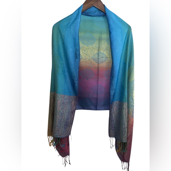 💜 PASHPASHMINA 100% Cashmere Scarf – 68” x 27” – Multicolor Paisley - Picture 4 of 8